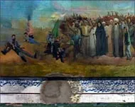 A billboard depicts the protests of 1999 that were quickly crushed