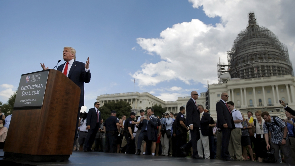 U.S. Republican presidential candidate Trump addresses a Tea Party rally against the Iran nuclear deal at the U.S. Capitol in Washington