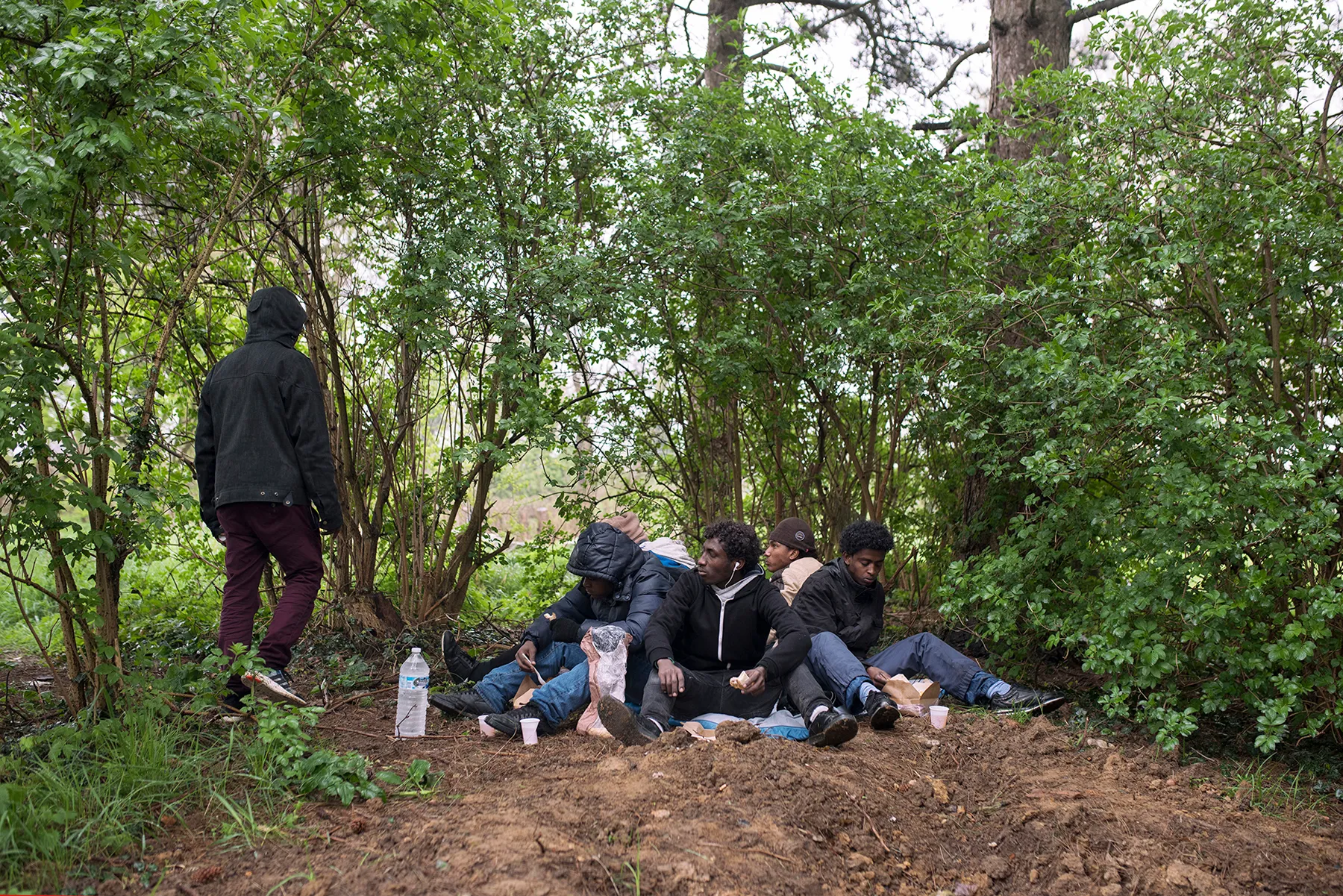 A group of young Eritreans in the forest in Calais eat food from a mobile distribution van operated by the Refugee Community Kitchen [Guillem Trius/Al Jazeera]