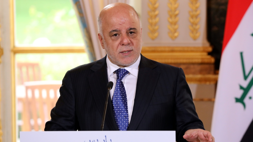 Iraqi Prime minister Haider Al-Abadi speaks during a joint news conference with French President Emmanuel Macron at the Elysee Palace in Paris