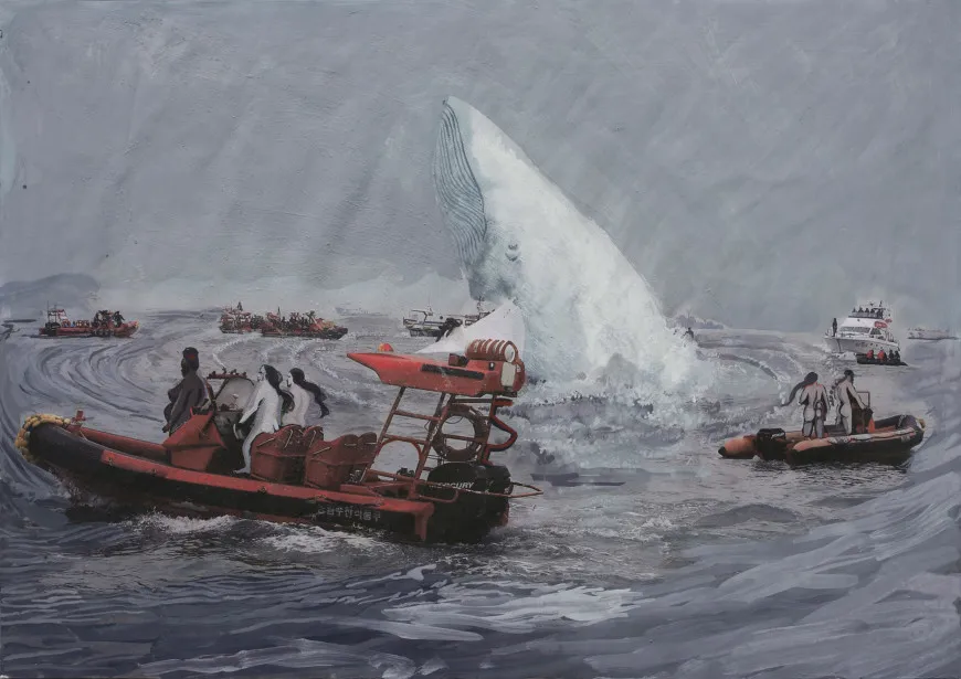 
The exhibition's title is borrowed from the work of Rokni Haerizadeh, an Iranian artist who painted over printed stills of television news broadcasts and YouTube videos to question ideas of authenticity and storytelling [Courtesy: Guggenheim Foundation]
