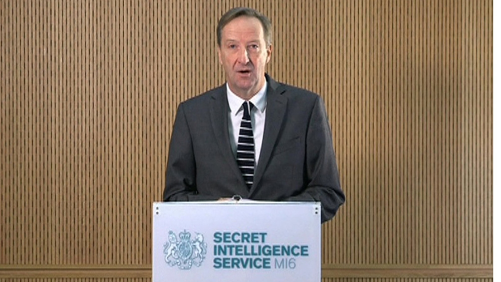 MI6 chief Alex Younger speaks at MI6''s Vauxhall Cross headquarters in central London
