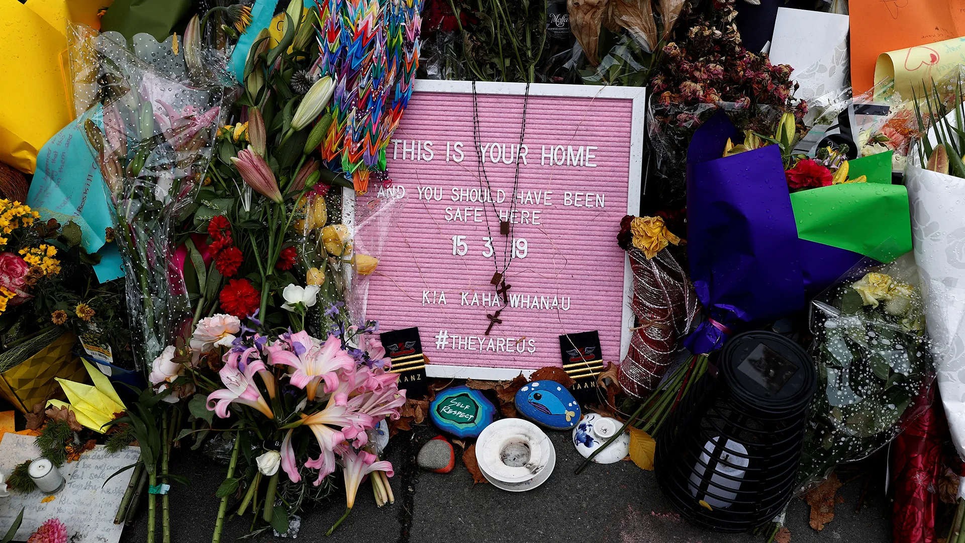 A flower tribute is seen outside Al Noor mosque on March 27, 2019