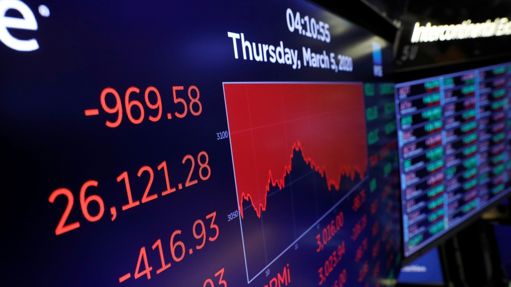 The Dow Jones Industrial Average is displayed after the closing bell on the floor of the New York Stock Exchange (NYSE) in New York City [Andrew Kelly/Reuters]