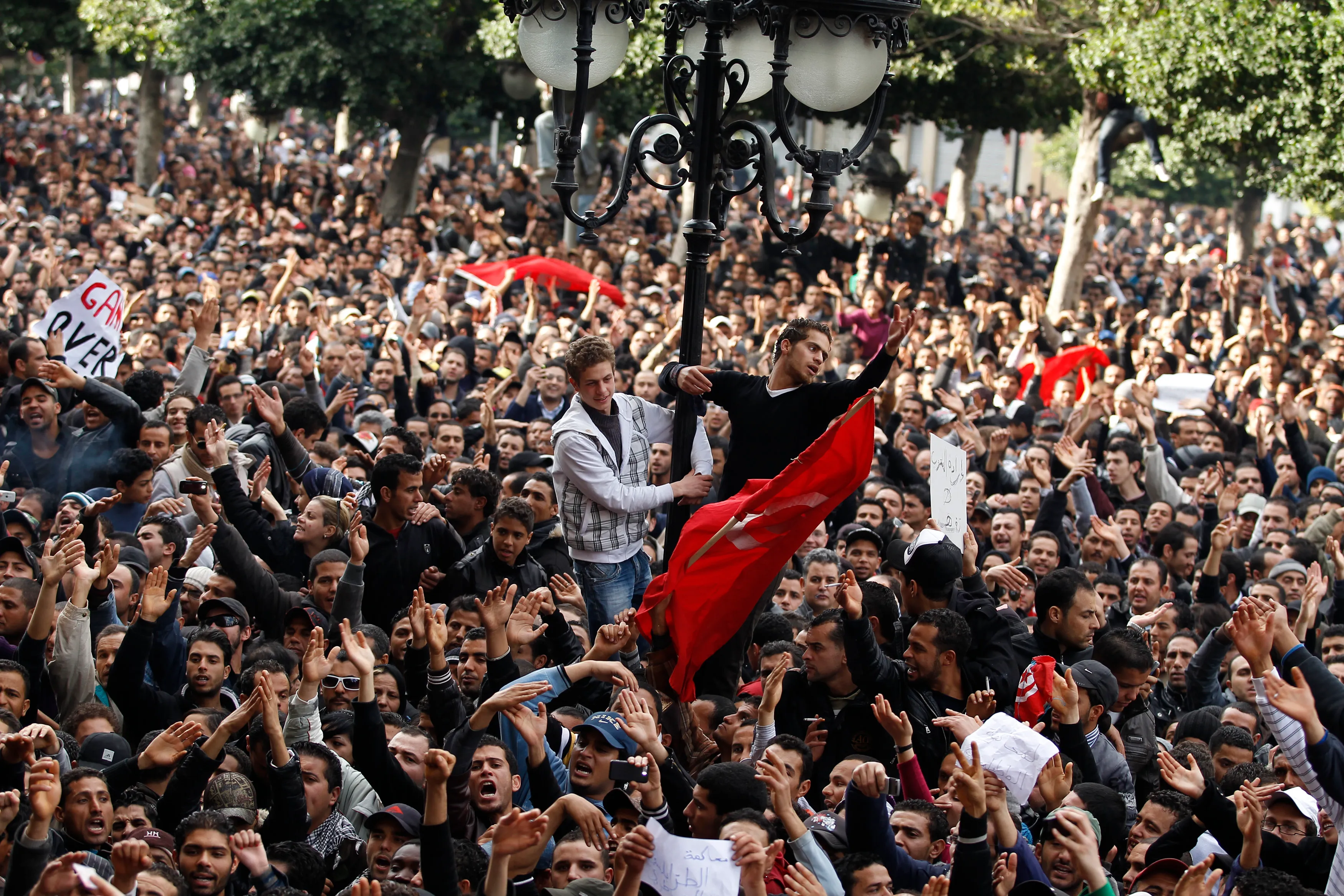 Protesters demonstrate against Tunisian President Zine al-Abidine Ben Ali and celebrate his departure from the country in Tunis January 14, 2011 [Zohra Bensemra/Reuters]