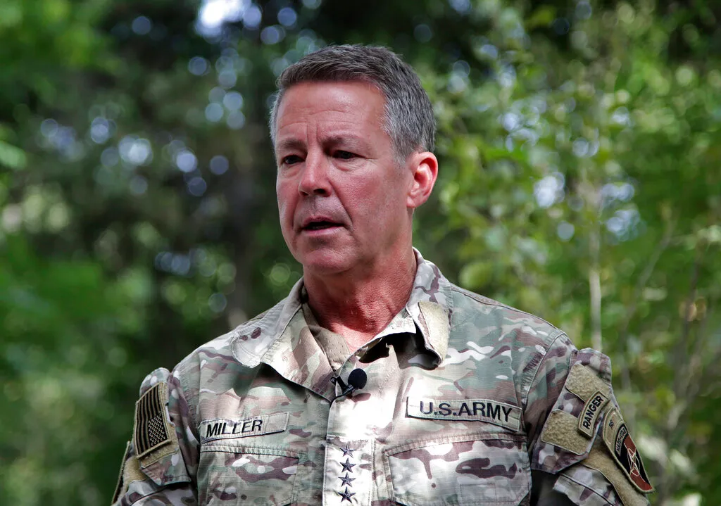 United States Army General Austin Miller tells journalists in Kabul, Afghanistan that the country is at risk of descending into civil war [Ahmad Seir/AP Photo]