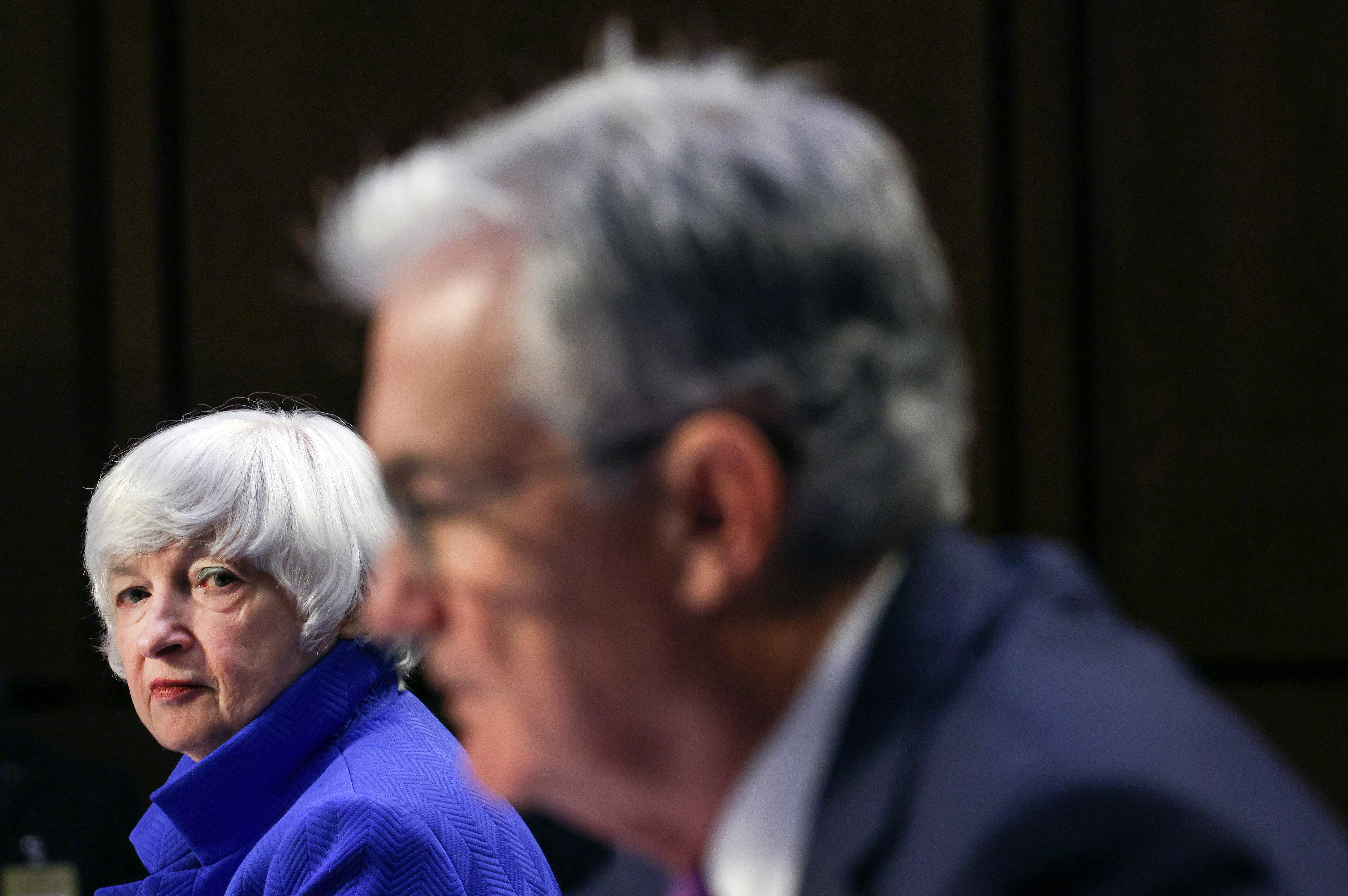 United States Treasury Secretary Janet Yellen (left) and Federal Reserve Chairman Jerome Powell (right) testified before the Senate Committee on Banking, Housing, and Urban Affairs about the progress that has been made in bringing the US back from the worst economic downturn since the Great Depression of the 1930s [File: Kevin Dietsch/Pool via AP]