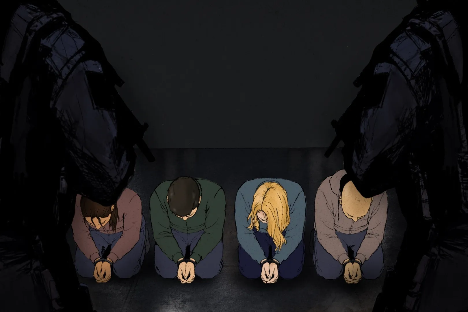 Detainees kneel face down on the deck of the Nahshon, an Israeli prison ship, as armed soldiers surround them following the interception of the Gaza-bound flotilla [Jawaher Al-Naimi/Al Jazeera]